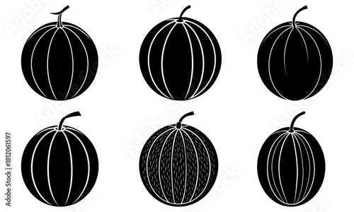 Six black and white stylized watermelons with varying line details and stem positions are displayed
