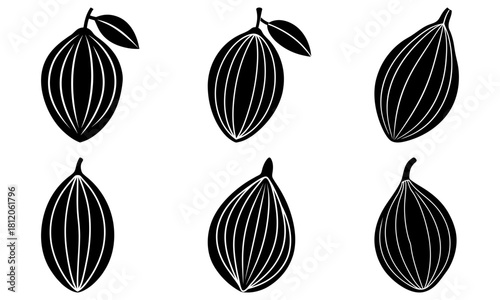 Six stylised cocoa pods in black and white with leaves and varying shapes and orientations seen