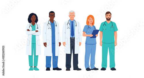 Diverse group of doctors and nurses standing together, representing a medical team, isolated on, ready to provide healthcare silhouettes avatar vector pack