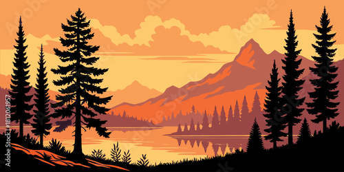 Tranquil Sunset Scenery: A picturesque landscape of towering evergreen trees, serene lake and majestic mountains bathed in the warm, golden hues of sunset creates a feeling of peace and beauty