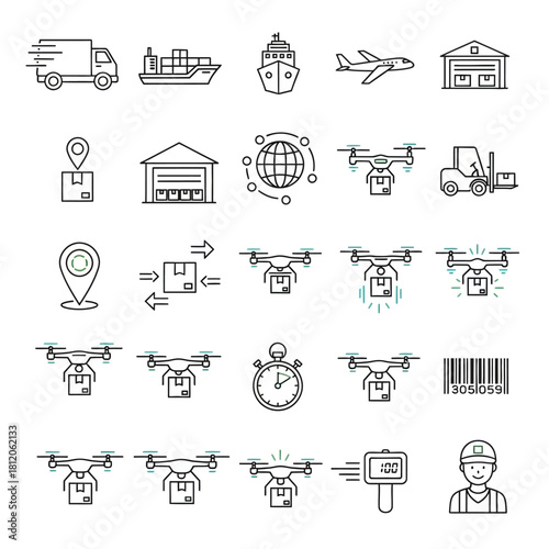 Diverse Logistics and Delivery Icons Representing Transportation and Shipping Methods.