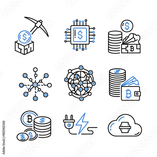 Cryptocurrency and Blockchain Technology Icons - Mining, Wallet, and Cloud Storage.