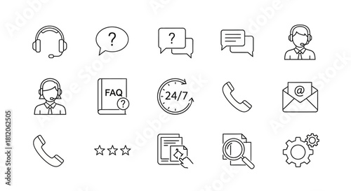 Customer Support Icons - Headset, Speech Bubbles, FAQ Book, and More.