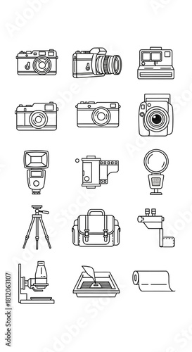 Detailed black and white line art icons of various photography equipment, cameras, and accessories set.