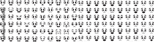 Retro 30s cartoon mascot characters funny faces. 50s, 60s old animation eyes and mouths elements. Vintage comic smile for logo vector set।.