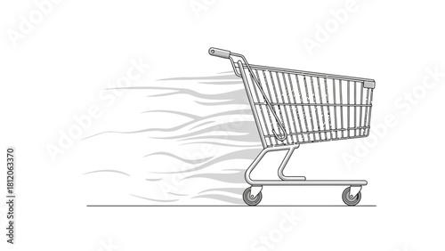 A black and white illustration of a shopping cart with motion lines