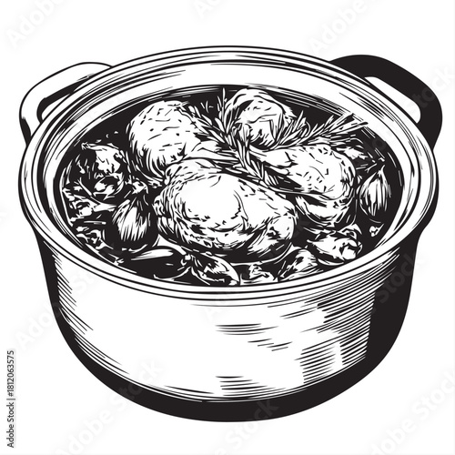 Vector illustration of coq au vin food in a pan