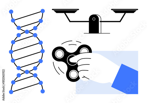 DNA structure, scales of justice, hand spinning fidget toy. Ideal for science, law, focus, mindfulness, creativity balance decision-making themes. A simple flat metaphor