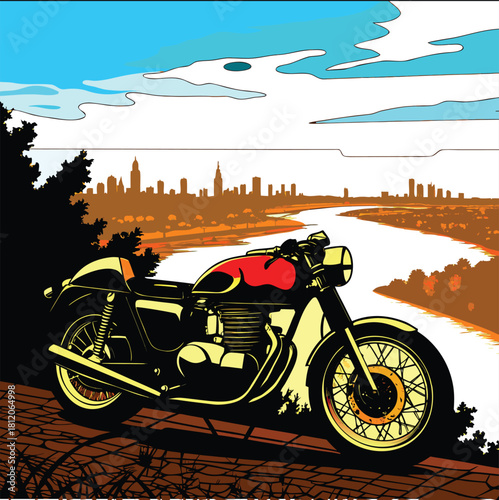Custom built retro style cafe racer motorcycle illustration