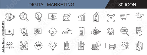Digital marketing icon set. Contains SEO, social media, content, websites, sales, online advertising and more. In a collection of solid vector symbols.