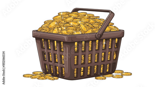 A full basket of gold coins spills onto the white background