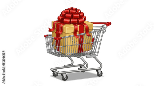 A giftwrapped box sits in a shopping cart