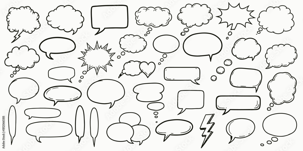 Obraz premium Set of hand drawn sketch speech bubbles and thought balloons. Doodle comic book style dialogue clouds and chat boxes vector pack 24