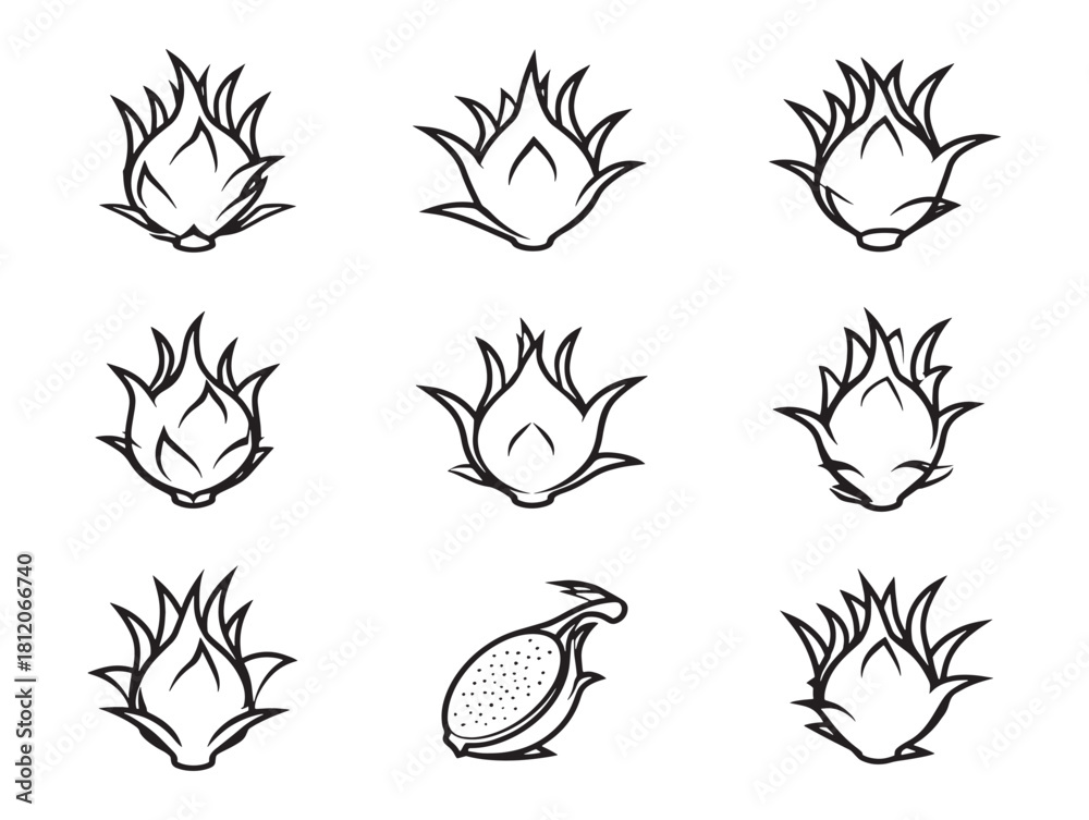 Fototapeta premium Dragon Fruit Ultra Minimalist 2D Line Art Icon Set Modern Fresh Fruit Vector Illustration