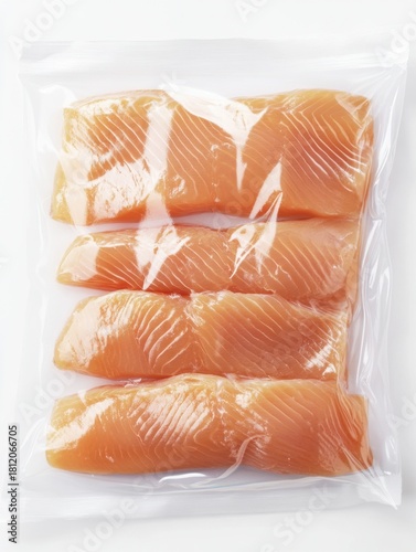 Raw salmon fillets in airtight plastic bag for storage and cooking, on white transparent background