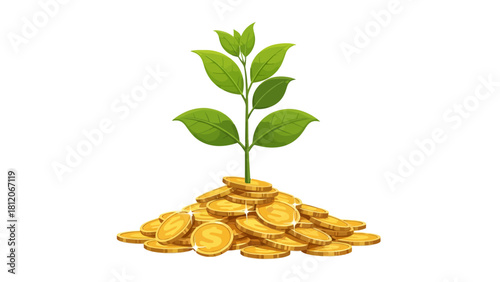 A green plant sprouts from a pile of gold coins