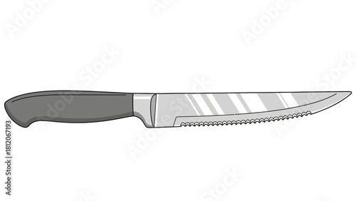 A greyhandled serrated steak knife with a polished blade