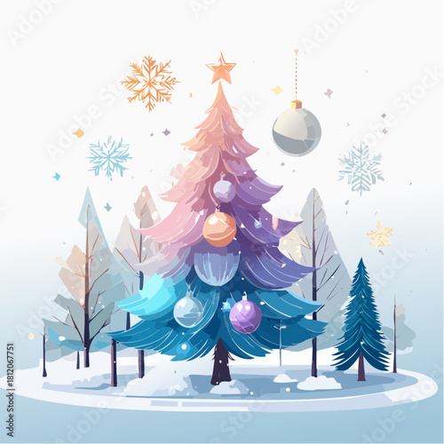 Capture the enchanting spirit of the season with this festive winter wonderland scene. A beautifully decorated Christmas tree radiates holiday cheer, perfect for greeting cards and seasonal designs.