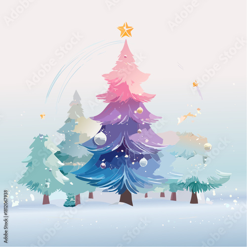Capture the enchanting spirit of the season with this festive winter wonderland scene. A beautifully decorated Christmas tree radiates holiday cheer, perfect for greeting cards and seasonal designs.