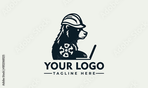 Industrial bear engineer wearing helmet and using laptop - vector logo
