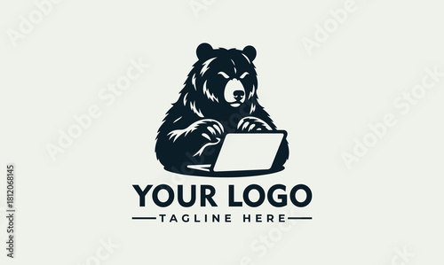 Bear Using Laptop Vector Logo Design for Technology and Business Concepts