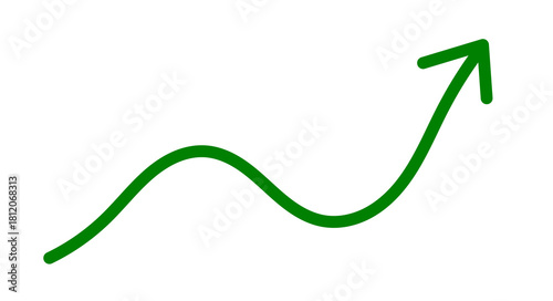 Green upward wavy arrow icon on transparent background for growth indicators, progress symbols, business charts, analytics, and positive trend graphics