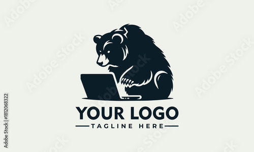 Vector Logo of Bear Using Laptop for Modern Business Solutions and Technology