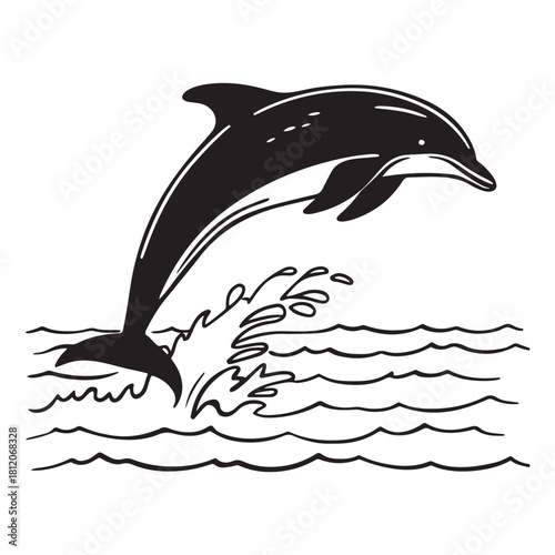 Dolphin Leaping from Ocean Waves Line Art