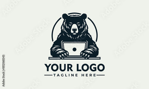 Vector Logo of a Bear with a Laptop - Ideal for Tech Startups and Business Branding.