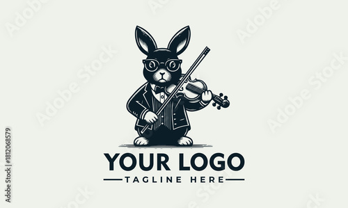 Sophisticated vector logo design featuring a dapper rabbit in glasses and a suit, playing a violin, presented as a vintage monochrome illustration graphic