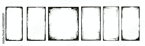 Collection of seven distressed grunge frames with rough edges, vintage-style black borders for photos and design. Vector illustration set 07.eps