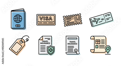 Colorful Hand-Drawn Travel Document Icons Set with Passport, Visa, Ticket, Luggage Tag, and Insurance.