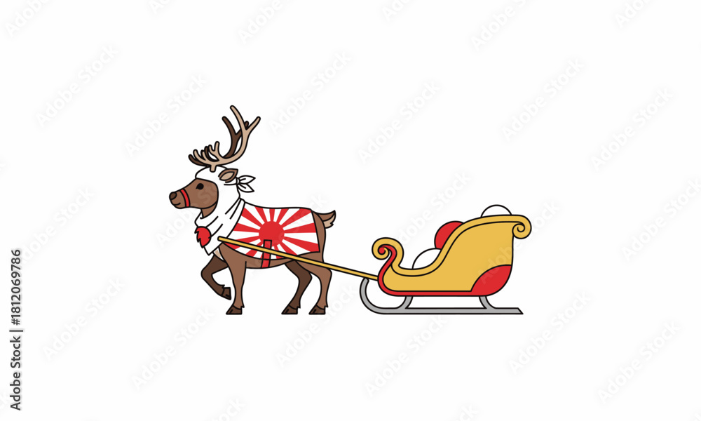 Fototapeta premium Illustrated Reindeer Pulling Sleigh, Wearing Distinctive Japanese Rising Sun Flag Blanket.