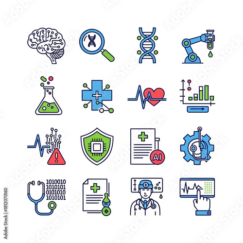 Colorful Outlined Icons Set for Science, Technology, and Medicine, featuring brain, DNA, robotics, and healthcare.
