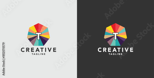 Digital colorful abstract icons, elements and symbols with initial T logo, template
