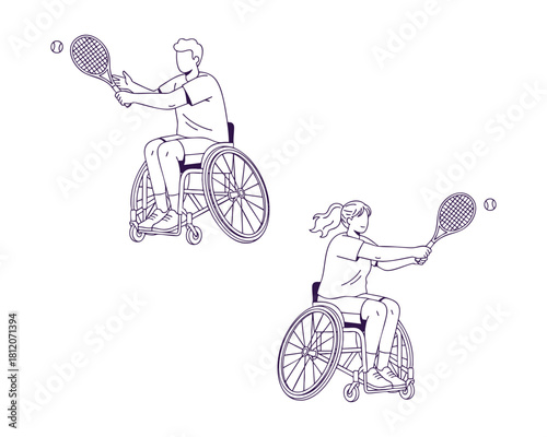 Paralympic Tennis Player Swinging the Racket — Line Art Illustration