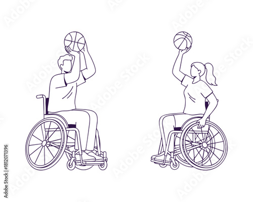 Paralympic Wheelchair Basketball Player Making a Shot — Line Art Illustration