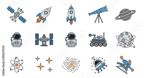 Colorful Vector Illustrations of Space Exploration Elements and Celestial Objects.