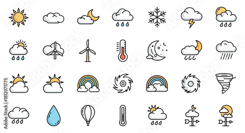 Colorful Weather Icons Set Depicting Various Meteorological Conditions and Elements.
