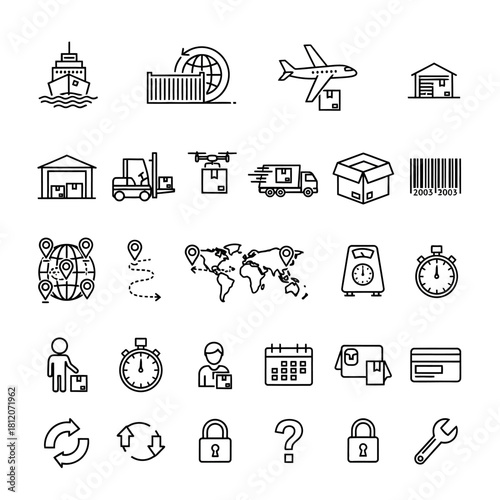 Comprehensive Logistics and Delivery Line Art Icons Set for Global Shipping and Supply Chain.