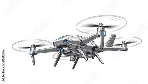 A silver drone with four propellers and a camera in flight