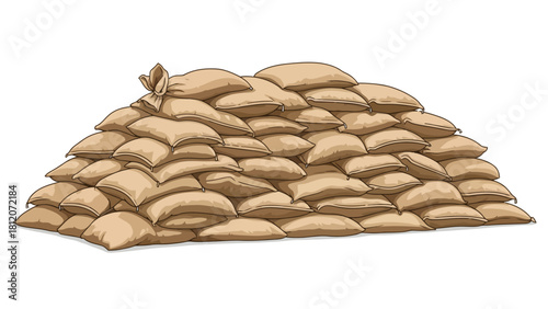 A large pile of sandbags stacked unevenly against a white background