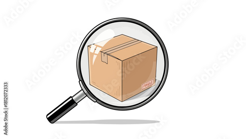 A magnifying glass examines a cardboard box with a FRAGILE label