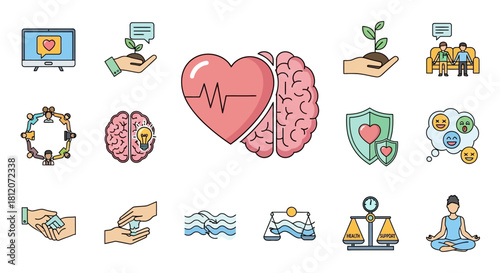 Conceptual Icons Representing Health, Growth, and Community Well-being.