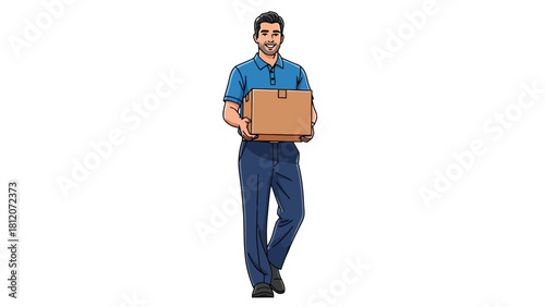 A man in a blue polo and dark pants carries a brown cardboard box