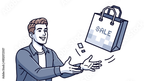 A man in a blue shirt juggles a shopping bag with SALE in pixelated text