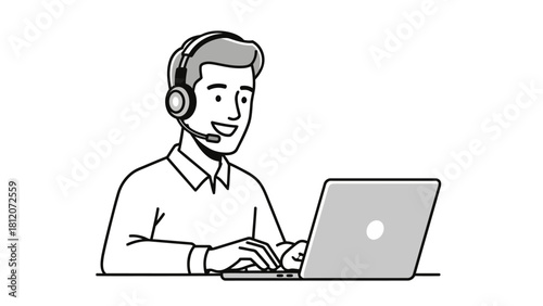 A man wearing a headset and typing on a laptop