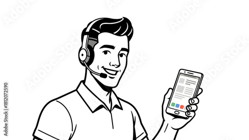 A man in a headset holds up a smartphone displaying a news feed