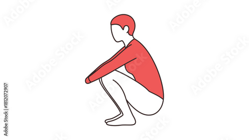 A person in a red top squats with arms crossed