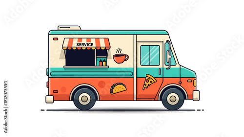 A pixel art food truck with SERVICE awning taco pizza and coffee